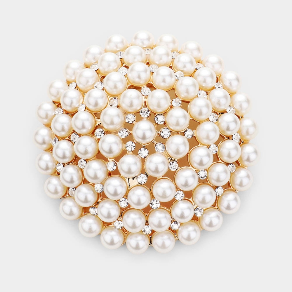 Gold Pearl Brooch Crystal Pin 3 Inch Circle Rhinestones Bling Accessory